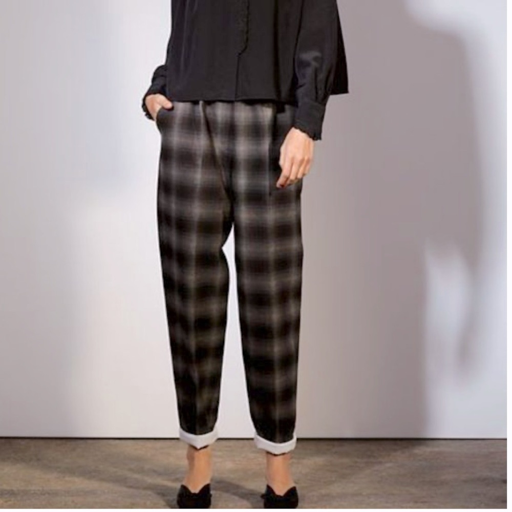 Aritzia Le Fou Wilfred Anise Pants High Waist Pull On Plaid Check Pockets Silk